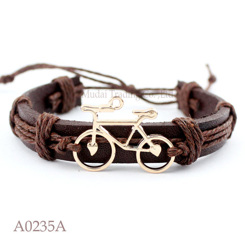 Gold Platted Bicycle Bike Charm Adjustable Leather Bracelet